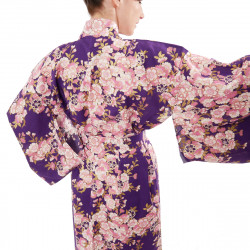 kimono yukata giapponese viola in cotone, SAKURA, fiori di ciliegio