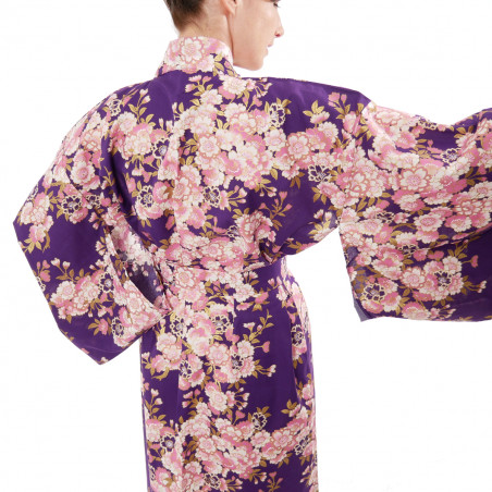 kimono yukata giapponese viola in cotone, SAKURA, fiori di ciliegio