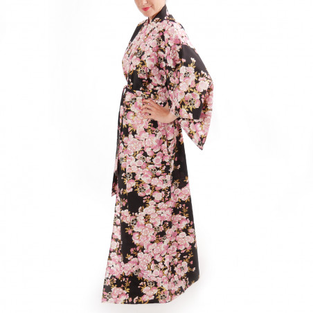 kimono yukata traditionnel japonais noir en coton fleurs de cerisiers sakura pour femme