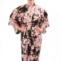 kimono yukata traditionnel japonais noir en coton fleurs de cerisiers sakura pour femme