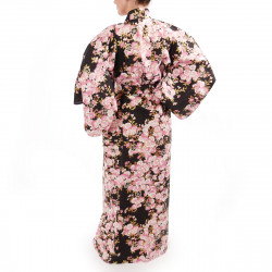 yukata japonés kimono algodón negro, SAKURA, flores de cerezo