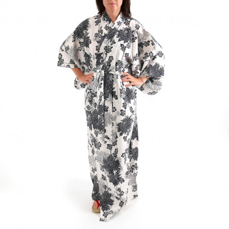 kimono giapponese yukata in cotone bianco, KIKU, mamme