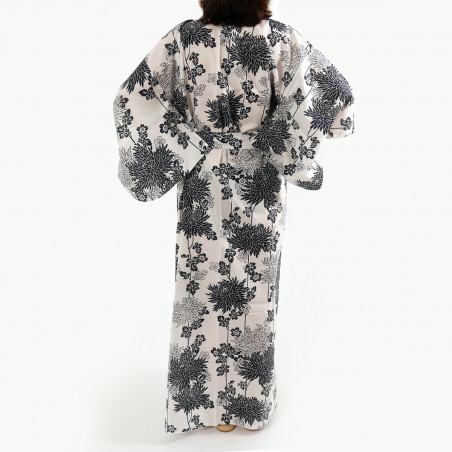 Japanese traditional white cotton yukata kimono chrysanthemum for ladies