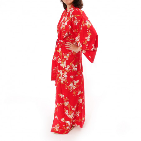 kimono yukata traditionnel japonais rouge en coton fleurs de cerisiers et papillons pour femme