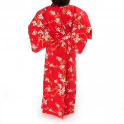 kimono giapponese yukata in cotone rosso, CHÔSAKURA, fiori di ciliegio e farfalle