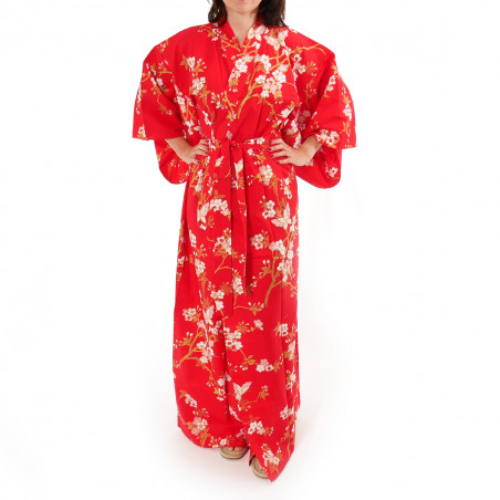 kimono giapponese yukata in cotone rosso, CHÔSAKURA, fiori di ciliegio e farfalle