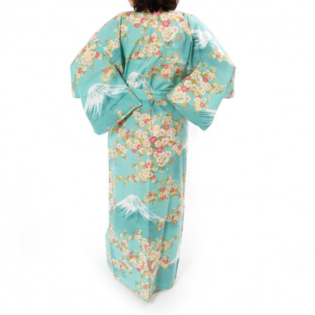 Japanese traditional turquois cotton yukata kimono sakura flowers on mont fuji for ladies