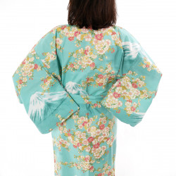 kimono giapponese yukata in cotone turchese, SAKURA FUJI, fiori di ciliegio sakura e monte fuji