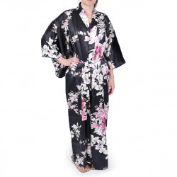 Kimono Yukata Japonés Negro En Seda, RAN, flores de orquidea