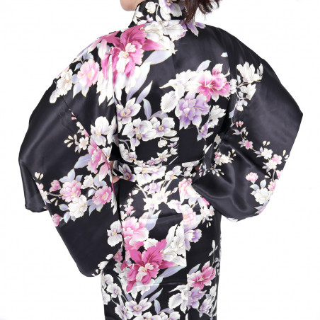 kimono yukata japonais noir en soie fleurs orchidée pour femme