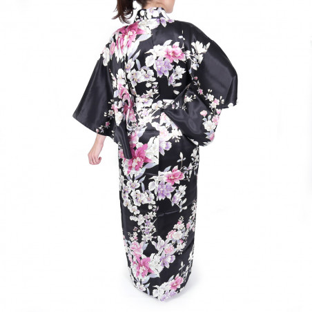 schwarzer japanischer Yukata Kimono in Seide, RAN, Orchideenblüten