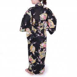 Yukata japonesa negra en algodón satinado., PEONY HIME, princesas y peonía