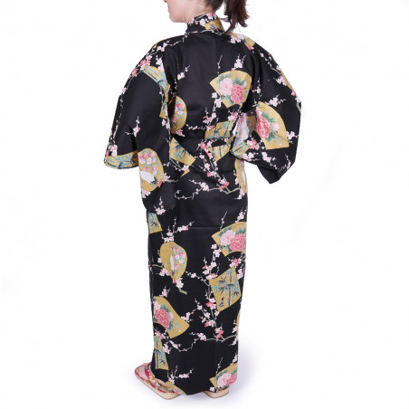 yukata japonais noir en coton satiné princesses et pivoine pour femme