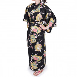 yukata giapponese nero in cotone satinato, PEONY HIME, principesse e peonia