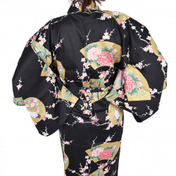 yukata japonais noir en coton satiné princesses et pivoine pour femme