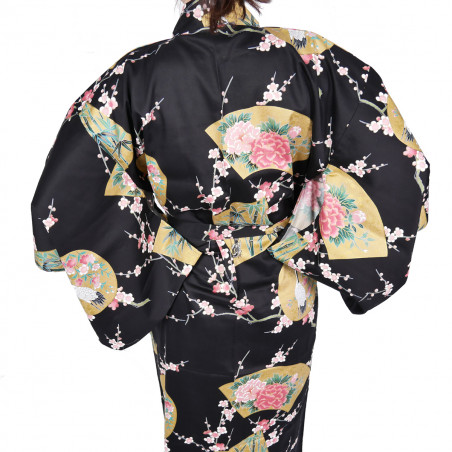 yukata japonais noir en coton satiné princesses et pivoine pour femme