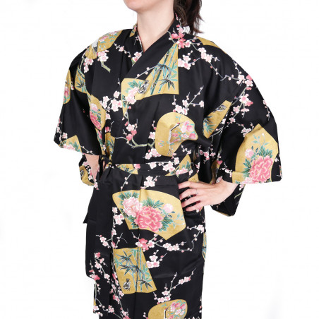 yukata giapponese nero in cotone satinato, PEONY HIME, principesse e peonia