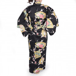 yukata japonais noir en coton satiné princesses et pivoine pour femme