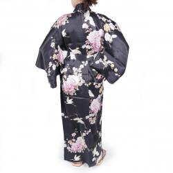 kimono yukata japonais noir en soie grues fleurs pivoine pour femme