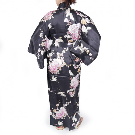 schwarzer japanischer Yukata Kimono in Seide, TSURU PEONY, Kraniche und Pfingstrosenblumen