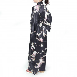 kimono yukata japonais noir en soie grues fleurs pivoine pour femme