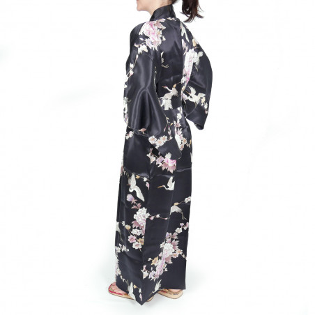 japanese black silk kimono yukata crane and peony for women