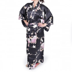 kimono yukata giapponese nero in seta, TSURU PEONY, gru e fiori di peonia