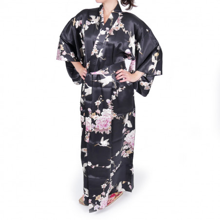 kimono yukata japonais noir en soie grues fleurs pivoine pour femme