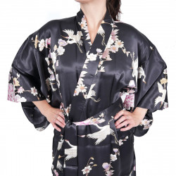 Kimono Yukata Japonés Negro En Seda, TSURU PEONY, grullas y flores de peonía