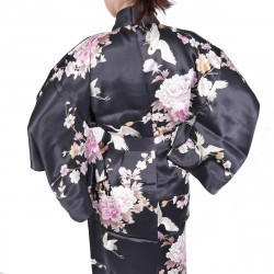 schwarzer japanischer Yukata Kimono in Seide, TSURU PEONY, Kraniche und Pfingstrosenblumen