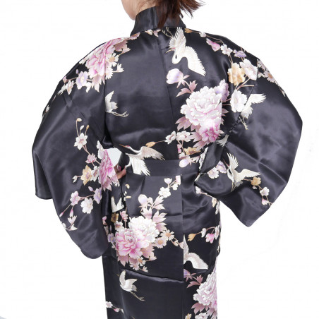 kimono yukata japonais noir en soie grues fleurs pivoine pour femme