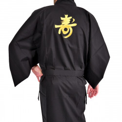 Kimono japonés negro en algodón fino, CHÔJU,  Kanji longevidad