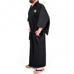 Kimono giapponese nero in cotone fine, CHÔJU,  Kanji longevità