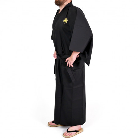 Kimono noir kanji longévité coton drap fin traditionnel japonais pour homme