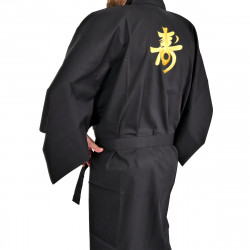 Kimono japonés negro en algodón fino, CHÔJU,  Kanji longevidad