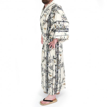 kimono yukata traditionnel japonais beige en coton bambou et oiseaux pour homme