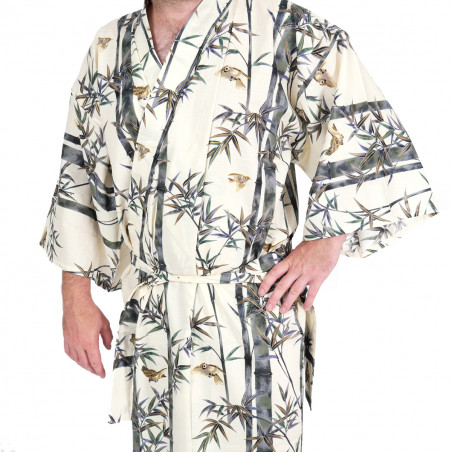 kimono yukata traditionnel japonais beige en coton bambou et oiseaux pour homme