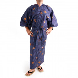 kimono yukata traditionnel japonais bleu en coton motifs diamant et kanji pour homme