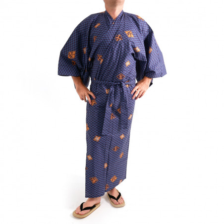 Japanese traditional blue navy cotton yukata kimono diamond pattern for men