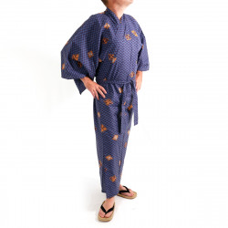 kimono yukata traditionnel japonais bleu en coton motifs diamant et kanji pour homme