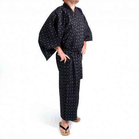 Japanese traditional black cotton yukata kimono argyle pattern for men