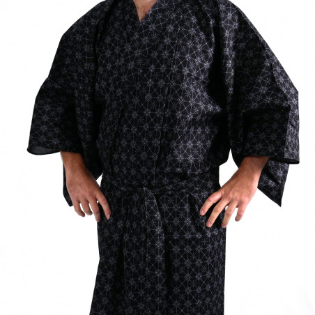 Japanese traditional black cotton yukata kimono argyle pattern for men