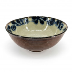 Japanese ceramic rice bowl, brown and blue, HANA NO KARAKUSA