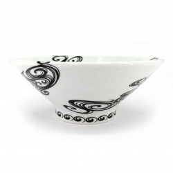 Japanese ceramic ramen bowl, white, black swirls, SENPU