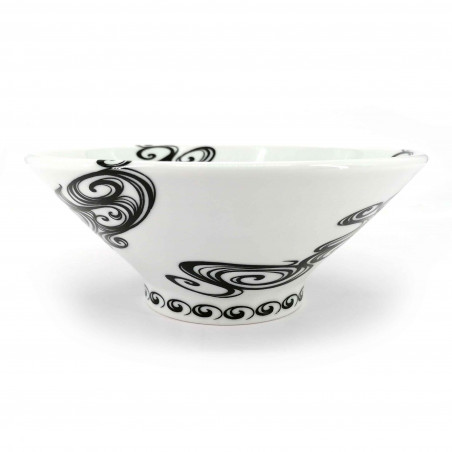 Japanese ceramic ramen bowl, white, black swirls, SENPU