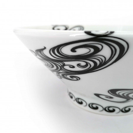 Japanese ceramic ramen bowl, white, black swirls, SENPU