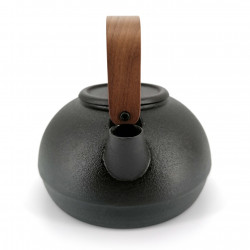 Hervidor japonés de hierro fundido con mango de madera marrón, MOKUSEI HANDORU, negro