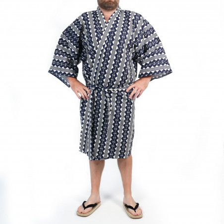 Kimono happi tradizionale giapponese in cotone blu con motivi a catena per uomo