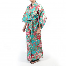 Kimono yukata turchese tradizionale giapponese in palline di cotone temari e peonie per le donne