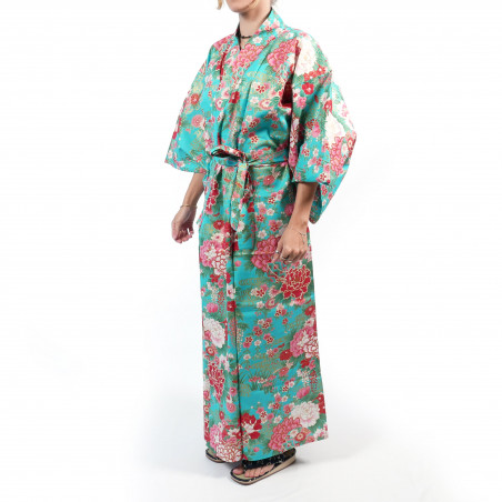 Japanese traditional turquoise yukata kimono in cotton temari balls and peonies for women